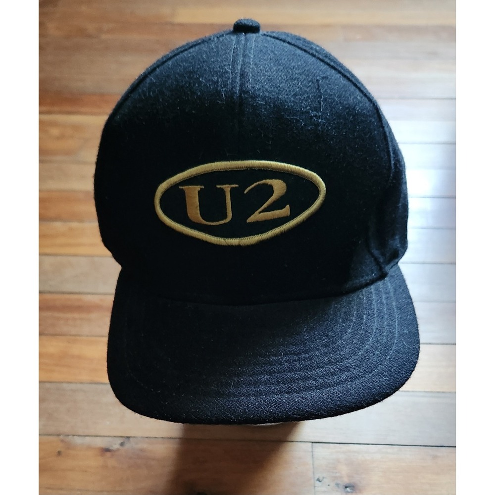 Vintage 90s U2 Band Wool Snapback Hat Black Gold Oval Logo Rock Concert Cap